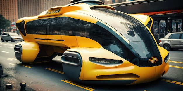 Ai ha generato l'illustrazione di autobus taxi futuristici gialli sulla strada che guidano nella città futuristica