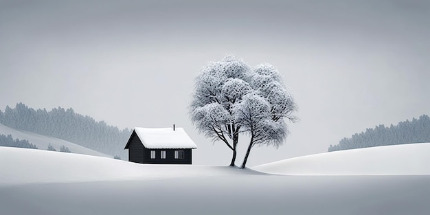 Ai ha generato l'illustrazione un albero invernale e un cottage in terra ghiacciata bianca