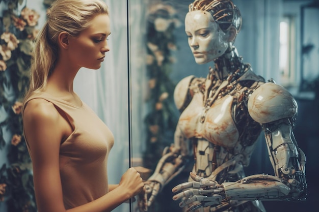 Ai ha generato l'immagine di una donna bionda davanti allo specchio come robot riflesso