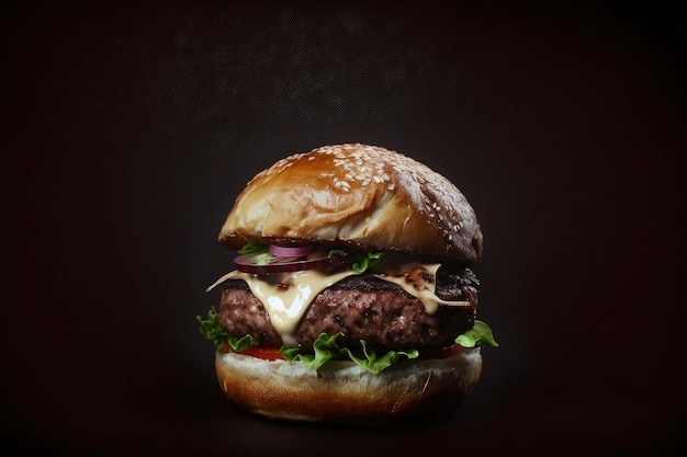 AI ha generato un grande panino al cheeseburger con hamburger caldo con carne di manzo e formaggio su sfondo nero