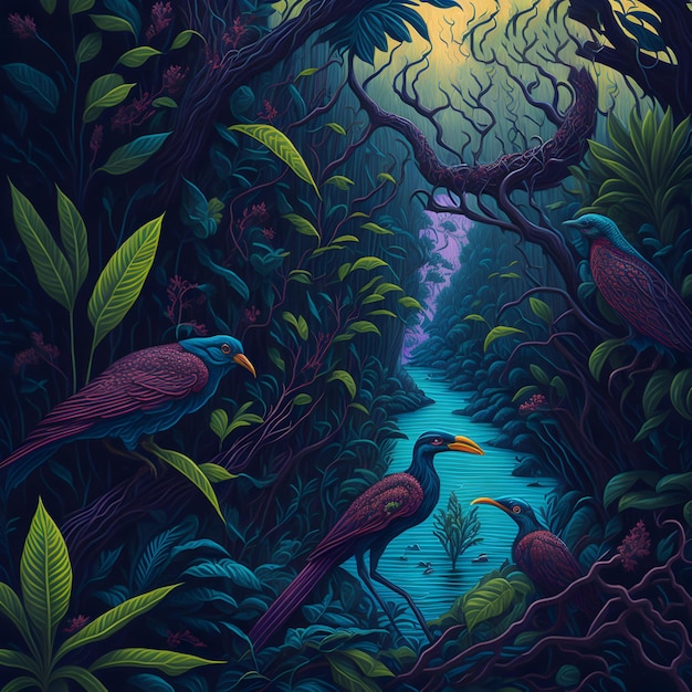 AI ha generato un'immagine pittorica della foresta di mangrovie di uccelli esotici in un paesaggio surreale