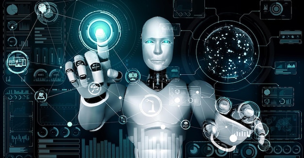 ai hominoid robot touching virtual hologram screen showing concept of big data