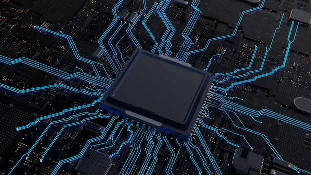 Ai Il processore del chip del computer sulla scheda madre si illumina di blu Intelligenza artificiale Chip grafico mining tecnologie digitali sicurezza di rete rendering 3d