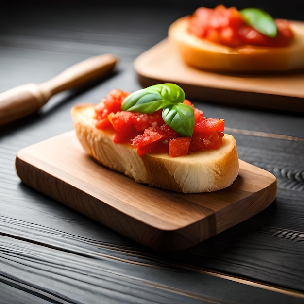 Ai illustrazione fotografica di una deliziosa bruschetta su tavola di legno in una cucina rustica al naturale