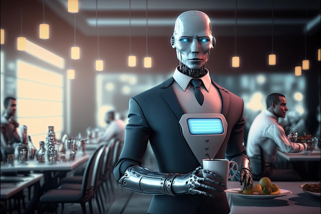 AI illustrazione generativa robot cameriera che serve nel ristorante