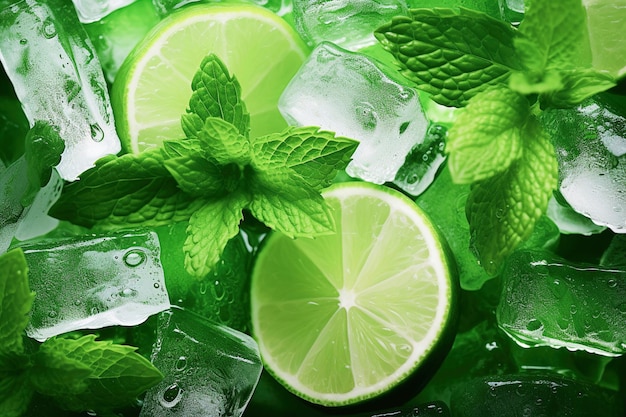 Ai immagine generativa Closeup di un ingredienti lime zucchero ghiaccio foglie di menta