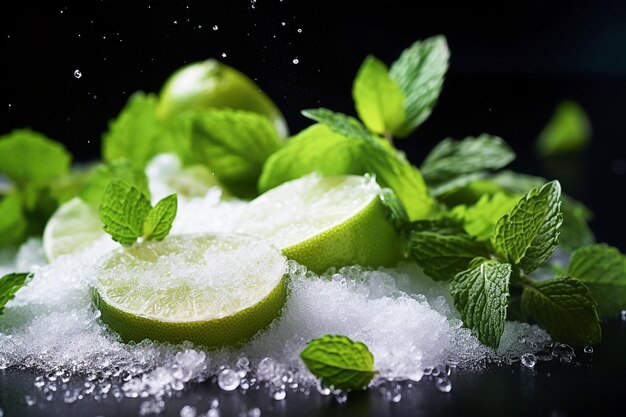 Ai immagine generativa Primo piano di un ingrediente foglie di menta ghiaccio zucchero di calce