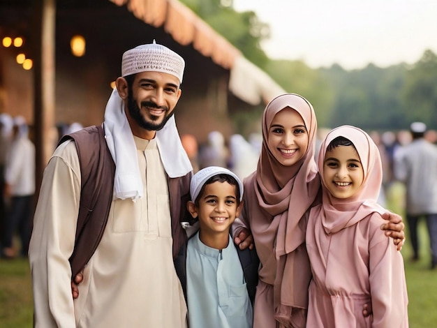 AI Immagini di famiglie musulmane sul loro modo tradizionale di festeggiare l'Eid al fitr