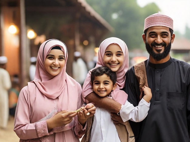 AI Immagini di famiglie musulmane sul loro modo tradizionale di festeggiare l'Eid al fitr