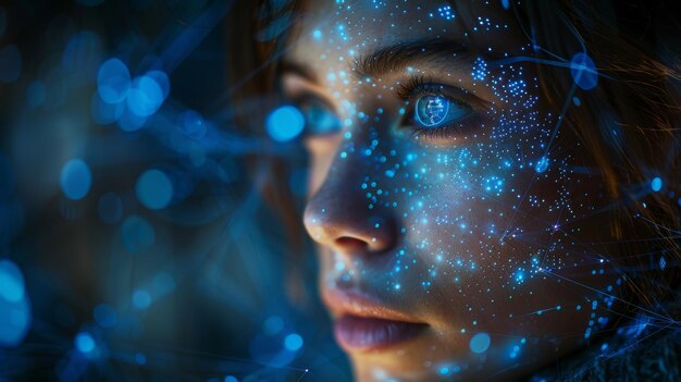 AI in immagine donna cybernetica antropomorfa che lavora con dati di matrice su interfaccia virtuale la testa o la faccia di AI con una mente che guarda le informazioni e insegna reti neurali