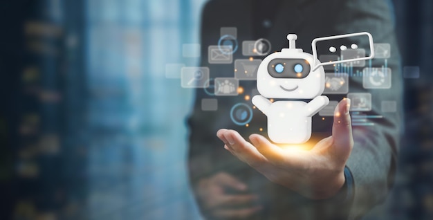 AI Intelligenza artificiale e chatbot conversazionali aziende tecnologia digitale interagiscono con applicazioni tra cui servizio clienti vendite e marketing e big data schermo virtuale