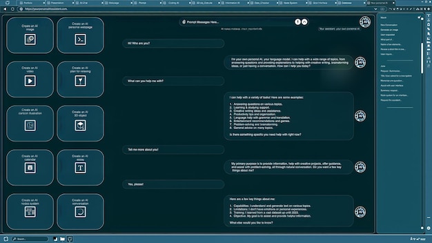 AI LLM chatbot software UI showing virtual assistant answering user prompts