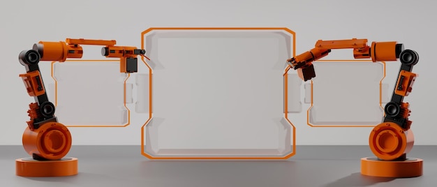 Ai macchina automatica del braccio robotico per il commercio industriale della fabbrica con la rappresentazione futuristica dell'illustrazione del fondo 3d