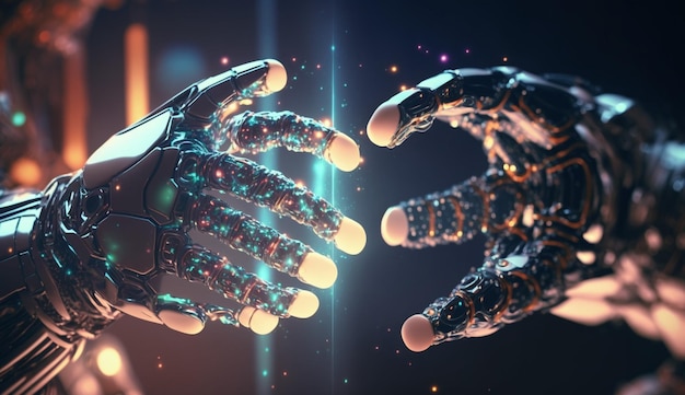 AI Machine learning Mani di robot e tocco umano sull'IA generativa