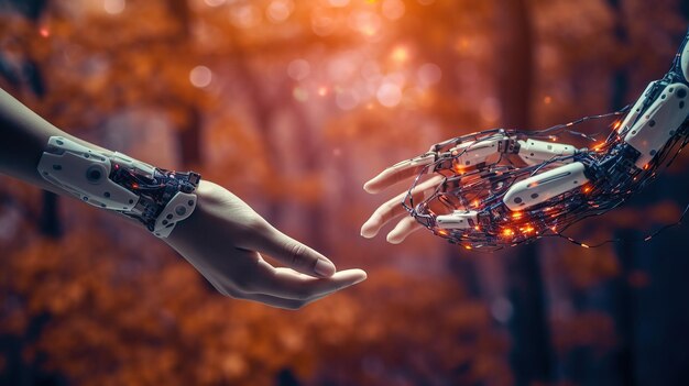 AI Machine learning Mani di robot e umani che toccano sullo sfondo della connessione di rete di big data Scienza e intelligenza artificiale generativa