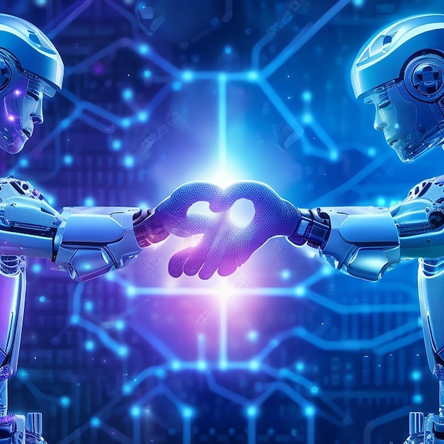 AI Machine learning Mani di robot e umani che toccano sullo sfondo della connessione di rete di big data