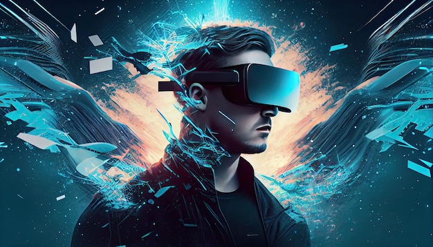 AI Metaverse concept collage design con l'uso di cuffie VR con occhiali intelligenti tecnologia futuristica