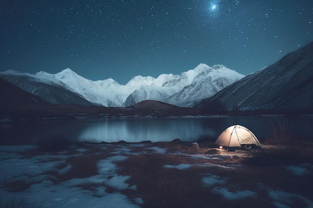 AI Night Snowy Mountain Tent Camp