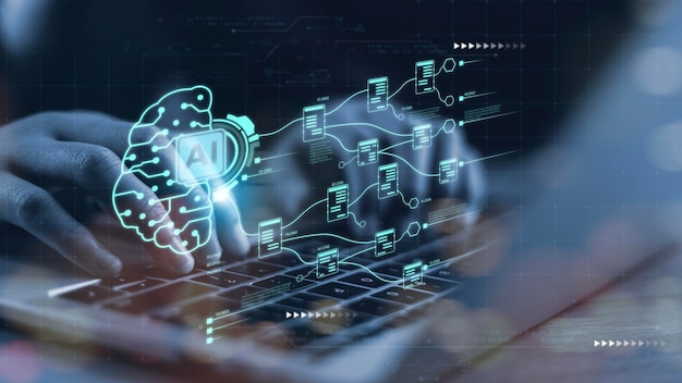 AI o concetto di intelligenza artificiale Imprenditore che utilizza il computer utilizza l'AI per aiutare le imprese e utilizzato nella vita quotidiana Trasformazione digitale Internet delle cose Intelligenza artificiale cervello