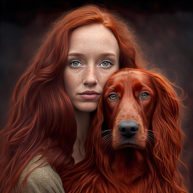Ai Splendido ritratto generativo di una bella donna rossa irlandese con un cane Setter irlandese che guarda la macchina fotografica in uno scatto in studio