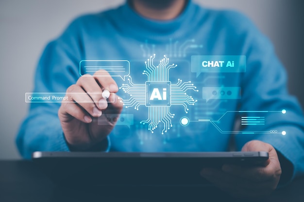Ai tech Business person show virtual graphic Global Internet connect Chatgpt Chat with AI Artificial Intelligence using command prompt for generates something Futuristic technology transformation
