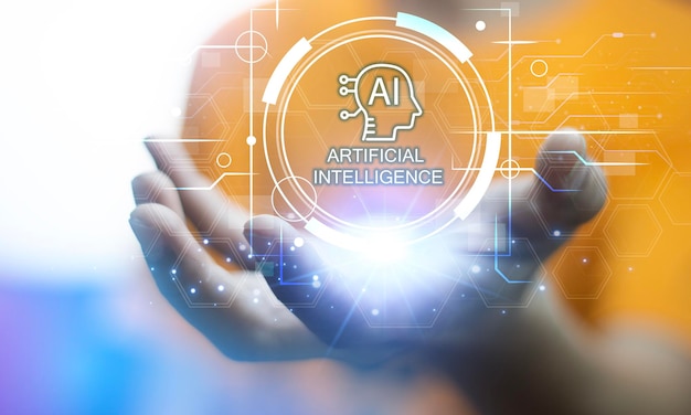 Ai tech businessman mostra grafica virtuale Global Internet connect Chatgpt Chat con AI Intelligenza artificiale utilizzando il prompt di comando per genera qualcosa trasformazione tecnologica futuristica