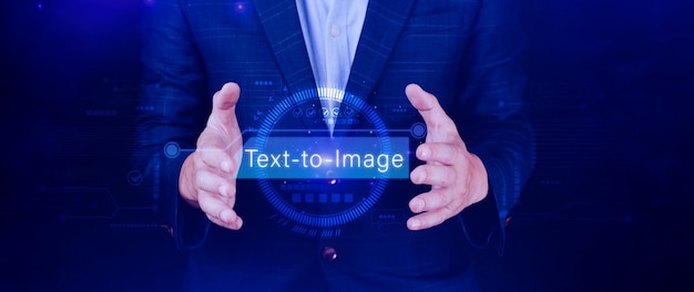 Ai tech Testo a immagine grafica virtuale con AI Intelligenza artificiale utilizzando il prompt dei comandi per genera qualcosa trasformazione tecnologica futuristica