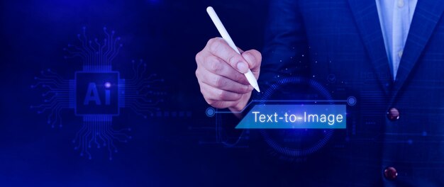Ai tech Testo a immagine grafica virtuale con AI Intelligenza artificiale utilizzando il prompt dei comandi per genera qualcosa trasformazione tecnologica futuristica