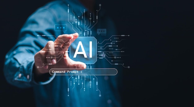 Ai tech uomo d'affari con virtuale Ai icona per l'intelligenza artificiale uso analisi automazione e cervello autonomo utilizzando il prompt di comando per genera qualcosa