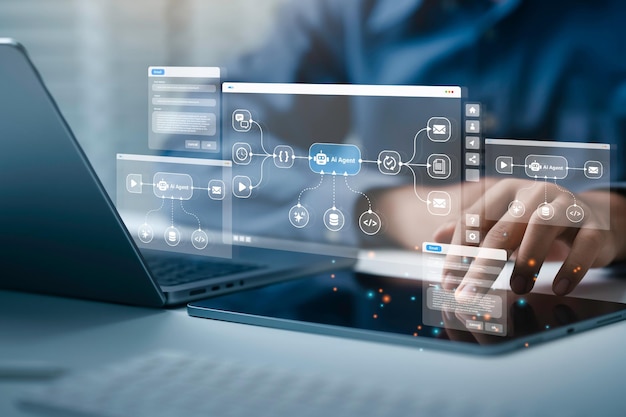 AI workflow automation concept artificial intelligence software Businessman uses AI Agent with Coding flow process technology interface nodes triggers data tools