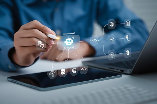 AI workflow automation concept artificial intelligence software Businessman uses AI Agent with Coding flow process technology interface nodes triggers data tools