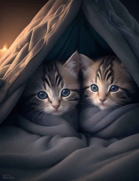 AiGenerated Fantasy Adorable Kittens' Dark Blanket Haven