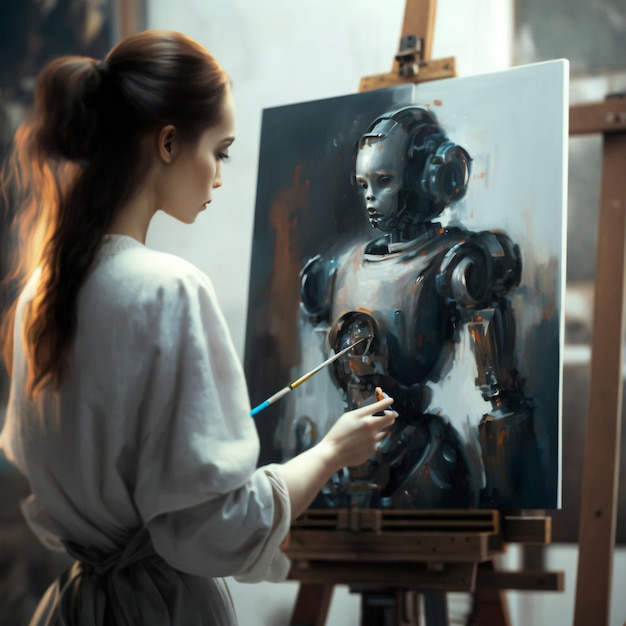 AIPowered Artist Un robot umanoide che dipinge capolavori in uno studio d'arte IA generativa