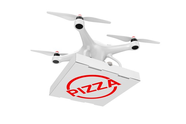 Air Drone consegna Pizza Box su sfondo bianco. Rendering 3D