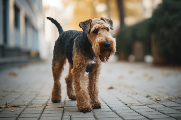 Airedale Terrier sta camminando per strada in autunno AI Generato