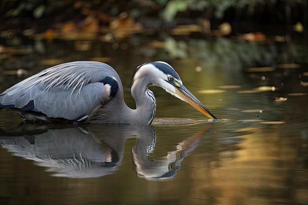 Airone che pesca in uno stagno limpido con il suo lungo collo allungato creato con l'IA generativa