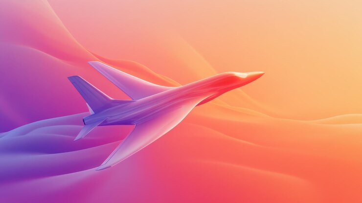 Airplane flying through colorful sky on surreal background