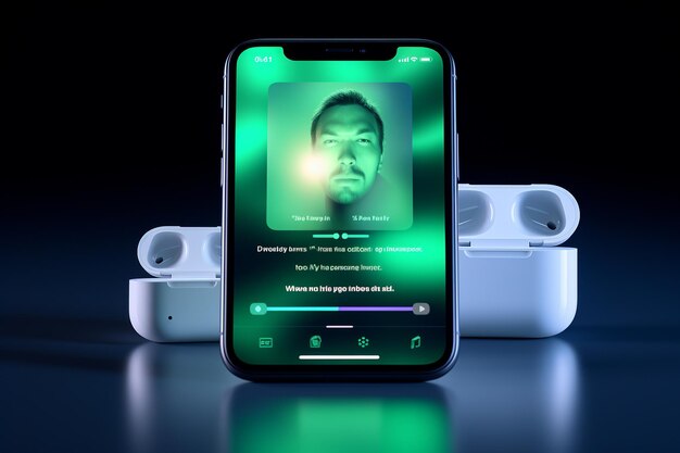 AirPods collegati a uno smartphone che visualizza un'app di streaming musicale