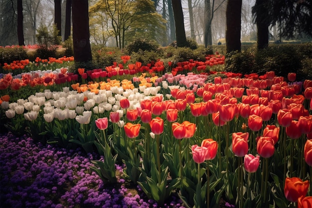 aiuola di tulipani in fiore nel giardino dei fiori di keukenhof