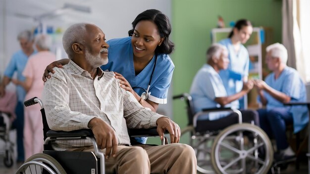Aiuto e sedia a rotelle con infermiera e anziano per la riabilitazione della disabilità o la guarigione pensionem