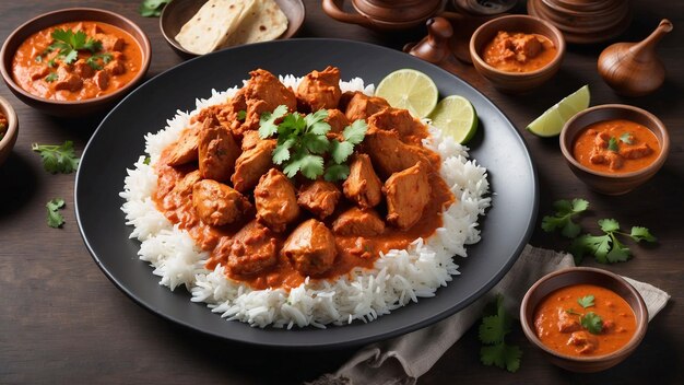 Al centro di un tavolo di legno scuro splendidamente realizzato un piatto fumoso di Tikka Masala di pollo