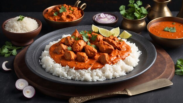 Al centro di un tavolo di legno scuro splendidamente realizzato un piatto fumoso di Tikka Masala di pollo