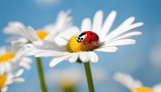 Al centro fiore di margherita bianco con una coccinella su di esso nel giardino sullo sfondo di erba sfocata Coccinella su margherita Daylight Orizzontale Close