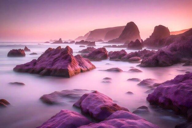 Al mattino la costa ha belle rocce di colori rosa e viola risorsa creativa AI generata