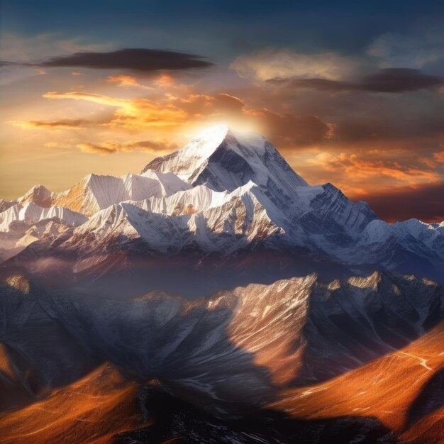 Al tramonto ammira il bellissimo panorama montano tibetano Generative AI