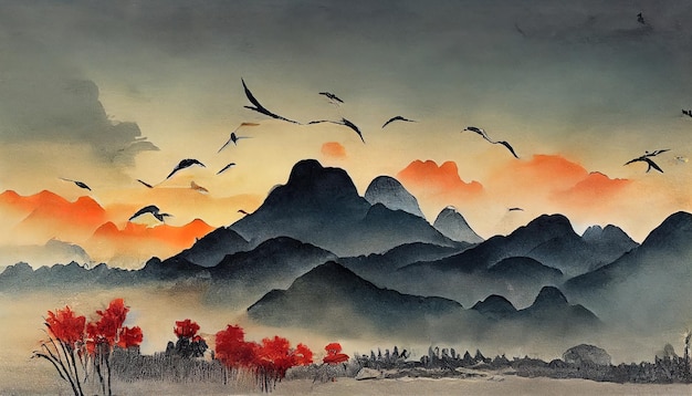 Al tramonto c'è un paesaggio continuo con migliaia di uccelli che nidificano sulle montagne