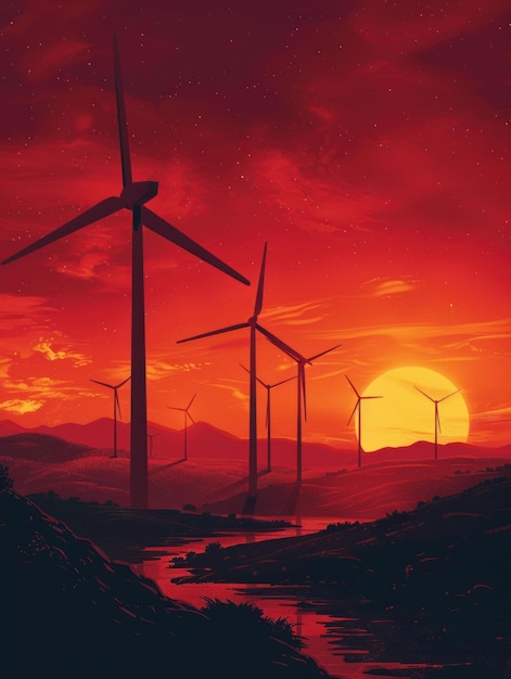 Al tramonto la silhouette delle turbine eoliche si erge contro un cielo fiammeggiante questo paesaggio di energie rinnovabili sposa la tecnologia con la natura