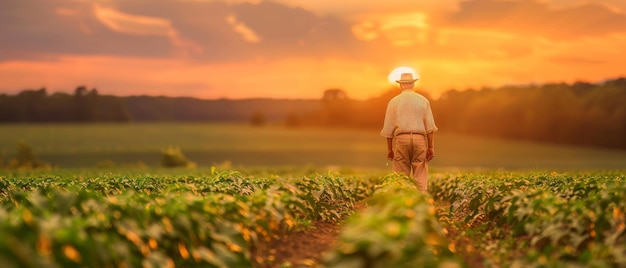 Al tramonto un agricoltore anziano esamina il suo raccolto di soia in un campo