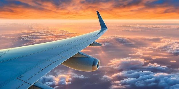 Ala dell'aereo dell'aeroplano all'ora del tramonto attraverso le nuvole AI Generativo