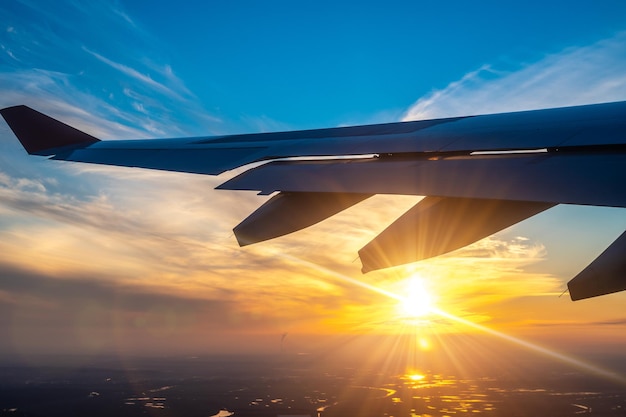 Ala dell'aeroplano al tramonto. viaggiare, viaggiare in aereo. Volo durante l'alba, una bella vista nella finestra di un aeroplano con cielo luminoso. Viaggi, turismo, vacanze, fine settimana, libertà, pace, concetti di speranza